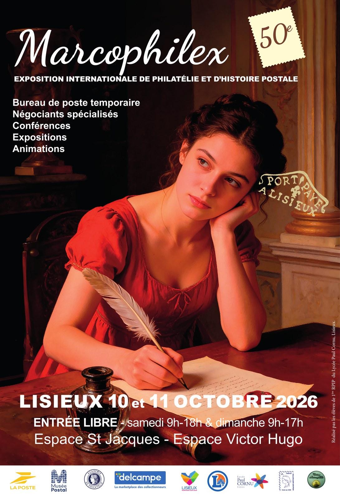 Affiche du 50ᵉ MARCOPHILEX, exposition internationale de marcophilie et d'histoire postale, Lisieux 10 et 11 octobre 2026