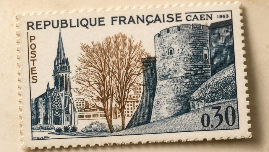 Timbre « Caen 1963 » représentant le château et l'église Saint-Pierre, dessin Pheulpin