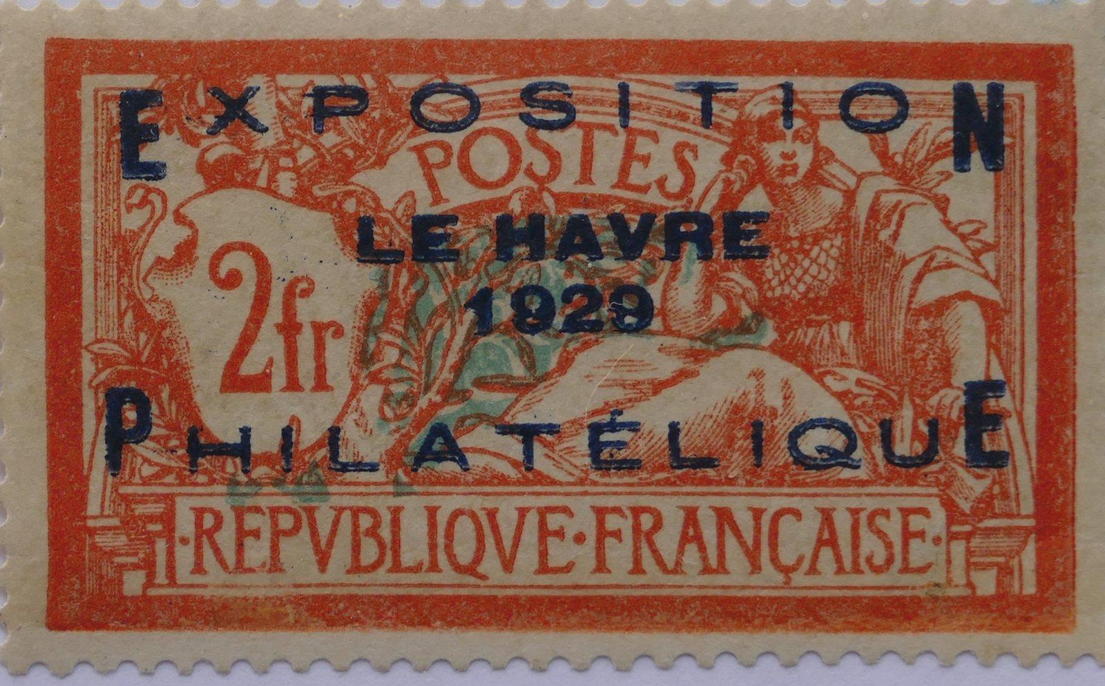 Timbre type Merson 2 francs surchargé Exposition Philatélique Le Havre 1929