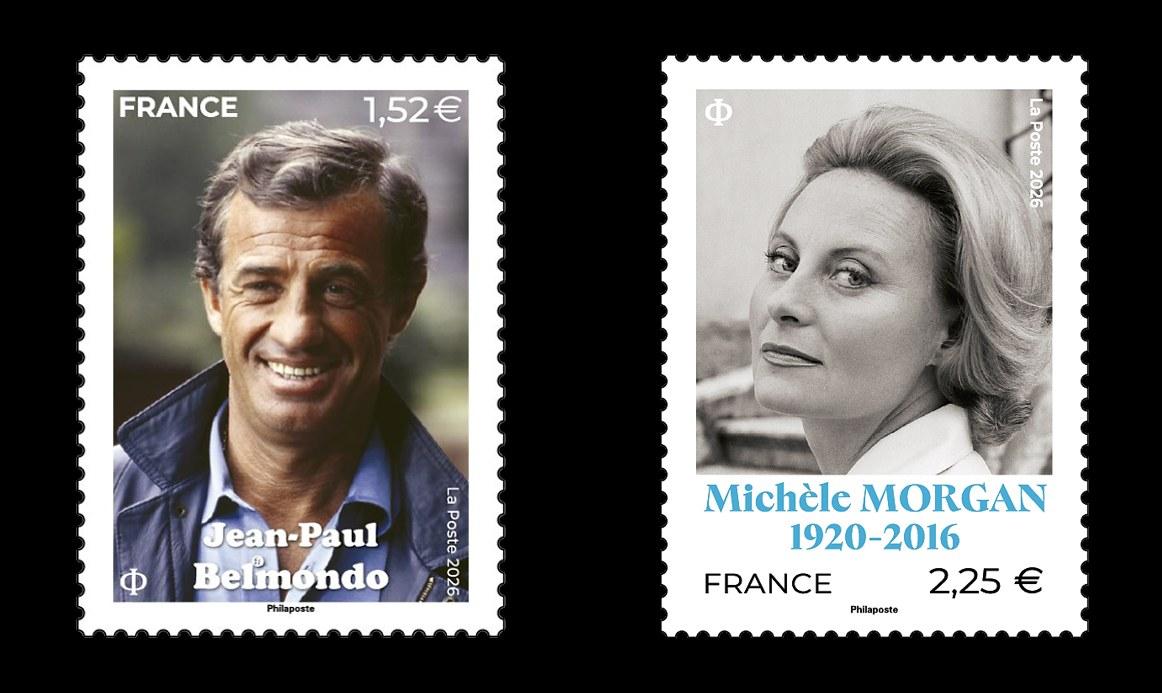 Les deux timbres : Jean-Paul Belmondo (1,52 €) et Michèle Morgan 1920-2016 (2,25 €), La Poste 2026