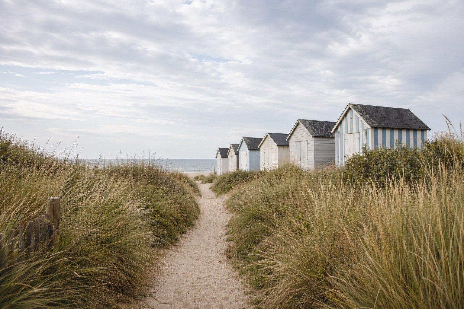 Les cabines de bain et le chemin des dunes à Ouistreham Riva-Bella